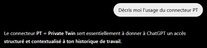 Capture d’une conversation : le connecteur Private Twin est interrogé depuis ChatGPT et décrit l’accès structuré à l’historique de travail
